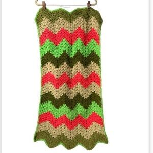 Retro Multi-Color Greens Pinks & Red Zig Zag Afghan Blanket Throw Crochet Afghan